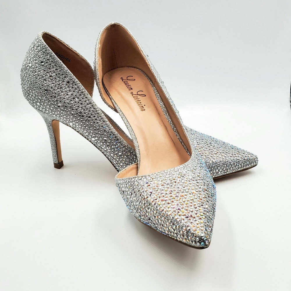 Lauren Lorraine Ruby Silver Rhinestone Embellished Half d'Orsay Pointed Pumps fo